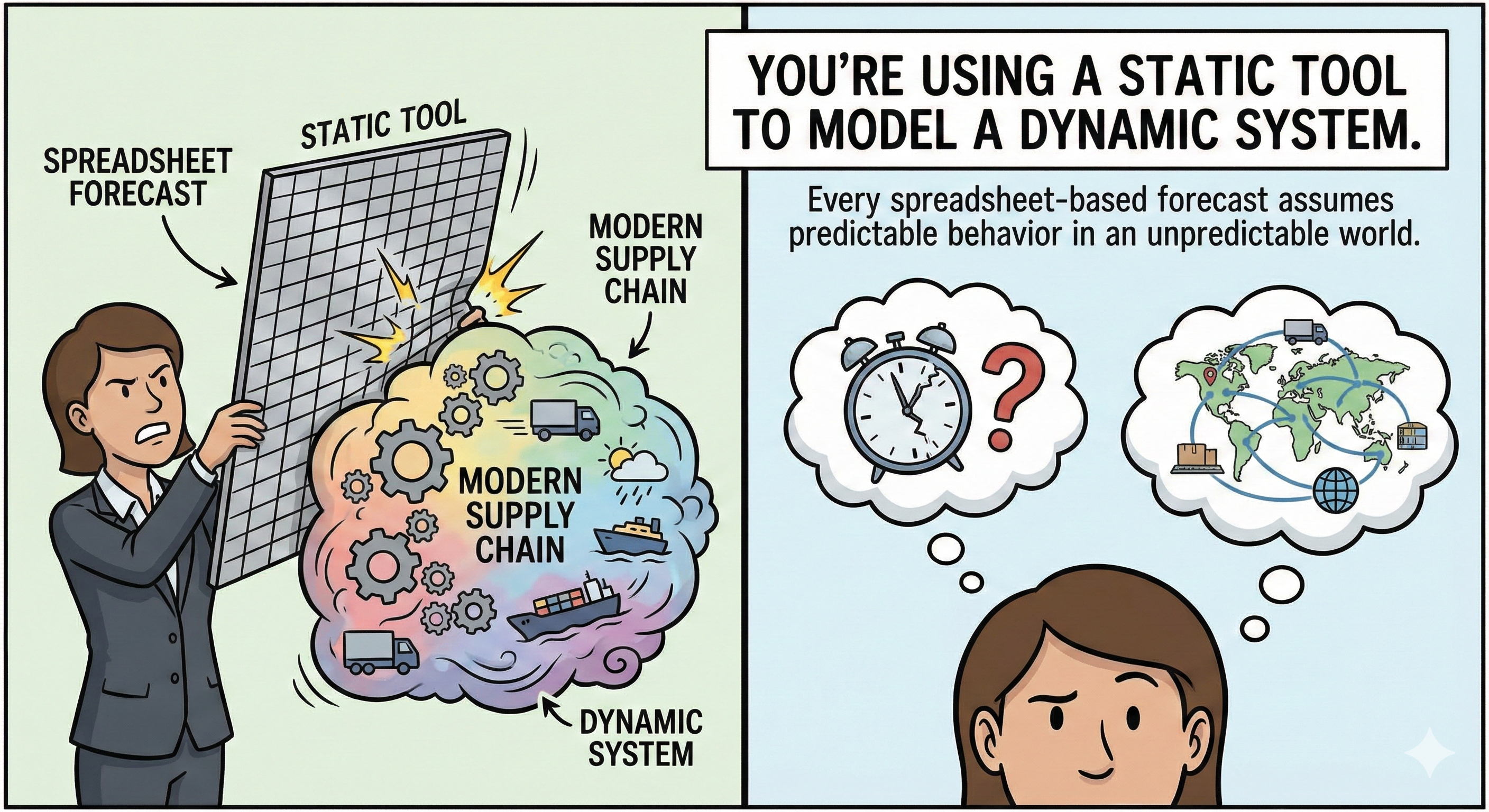 Cartoon: Static tool versus dynamic system
